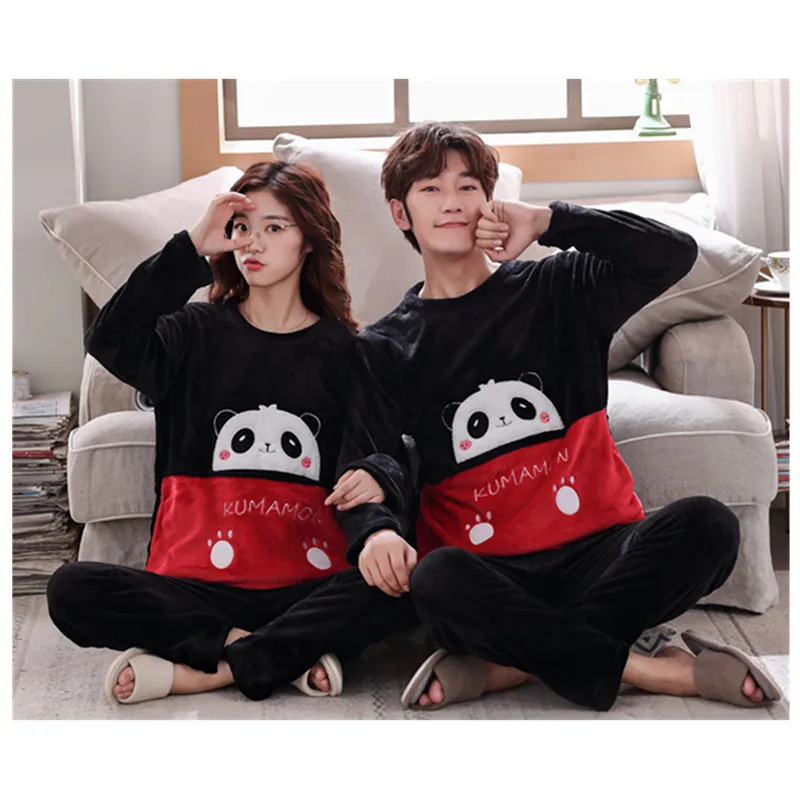 Fulljion Autumn Winter Flannel Couple Pajamas set Round Collar Thicken Lover Pajamas Casual 