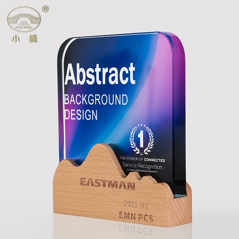 Fashionable Mountain-Shaped Wood Base Crystal Trophy UV Printed Laser Engraved Glass Cup for Insurance Employees factory