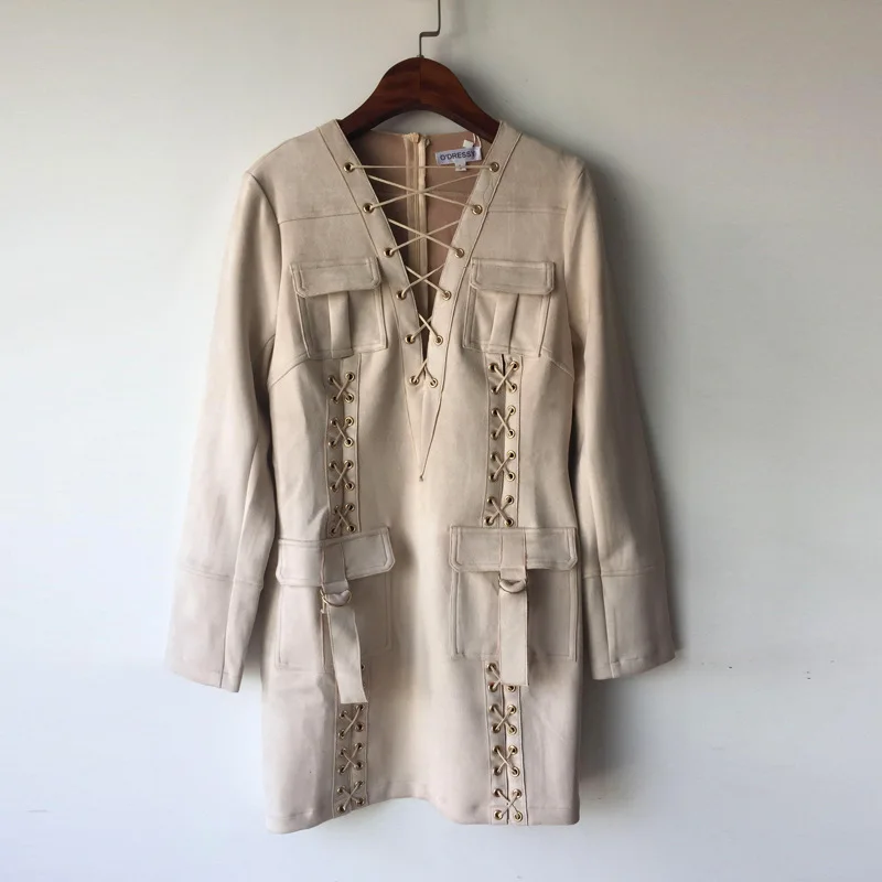 barooca时装秀冬季/秋季v领臀部绷带麂皮绒面料性感女士女士休闲晚