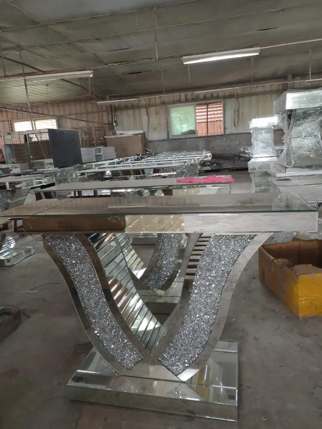 Luxury Bedroom Led Furniture Sparkly Crushed Diamond V Shaped Mirrored