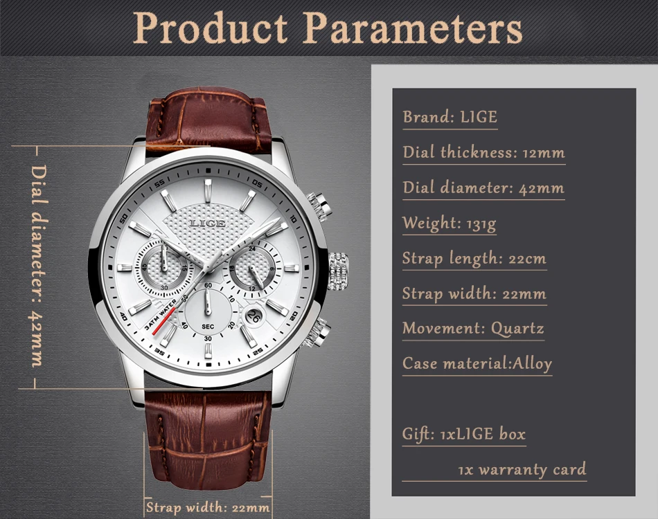 LIGE 9866 classic High Quality Watch Quartz Chronograph Leather Waterproof