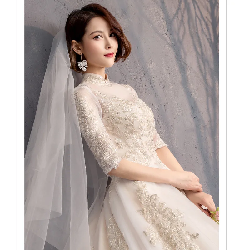 2019 High Neck Lace Half Sleeve Light Champagne Lace Wedding Gown Vintage Bridal Gown with long tail