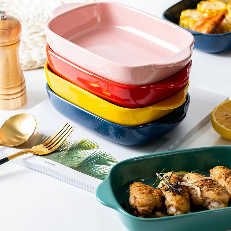 Wholesale cheap double handles baking pan matte restaurant porcelain bakeware.jpg