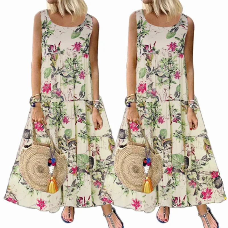 New Summer loose plus size vintage floral print sleeveless maxi dress for women