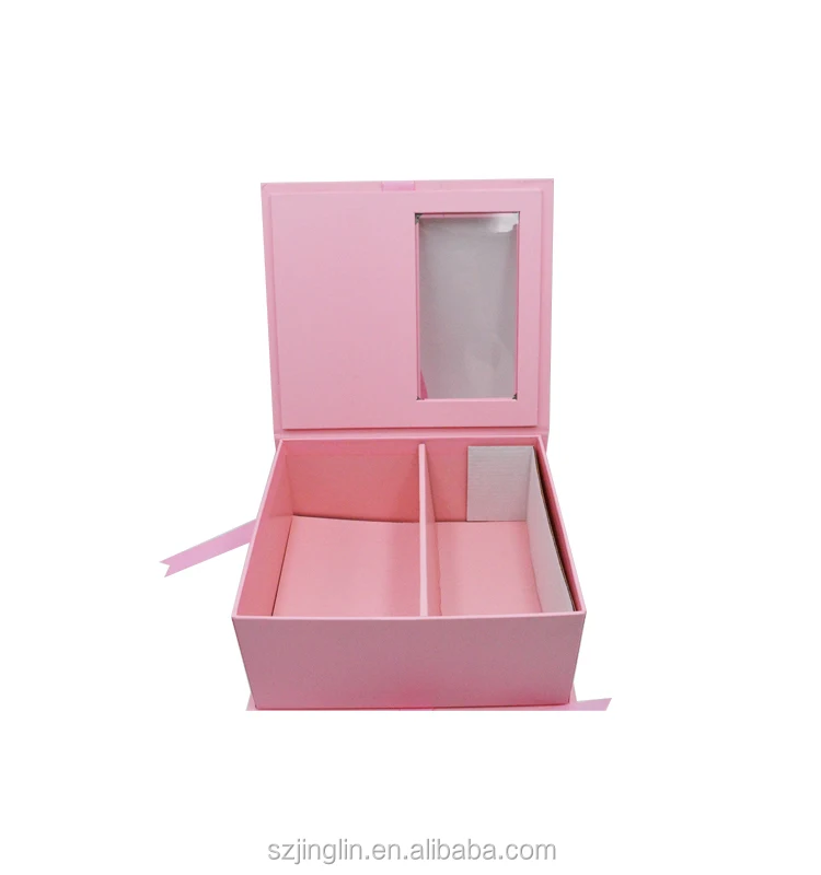 Pink Gold Hot Stamping Logo Rigid Paper Box with Clear PVC Window Ribbon Closure for Wig Hair Extension Packing