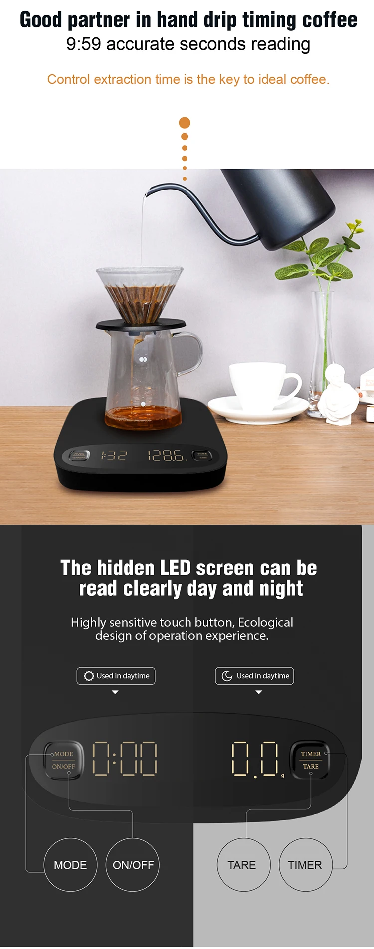 Elegant design 2Kg Led Display AAAbattery Electronic Digital Timer Coffee Scale
