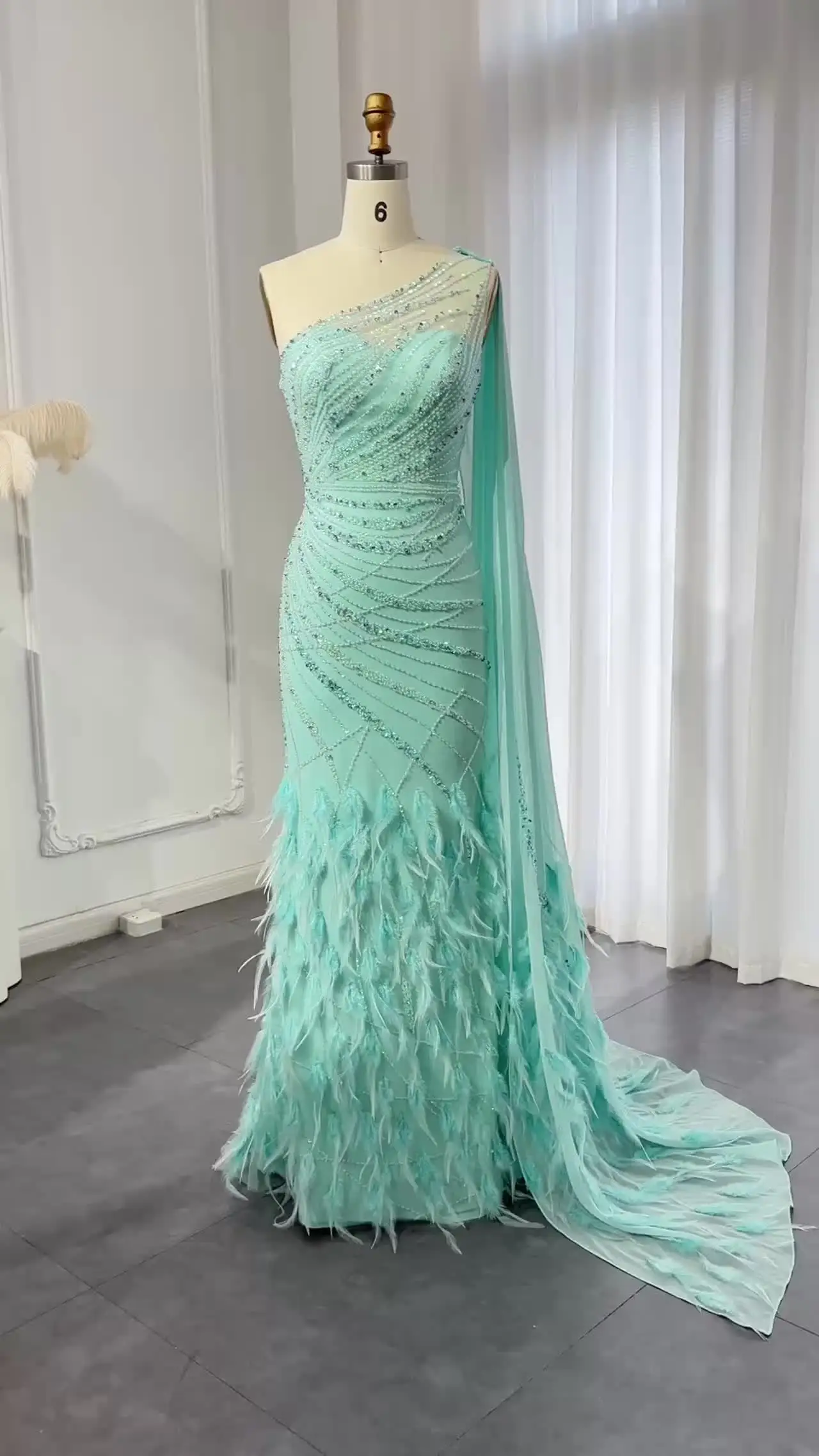 Luxury Aqua Turquoise One Shoulder Mermaid Evening Dress Cape Train Long  Prom Wedding Party Gowns Sz498-1 3D Pattern Pleat