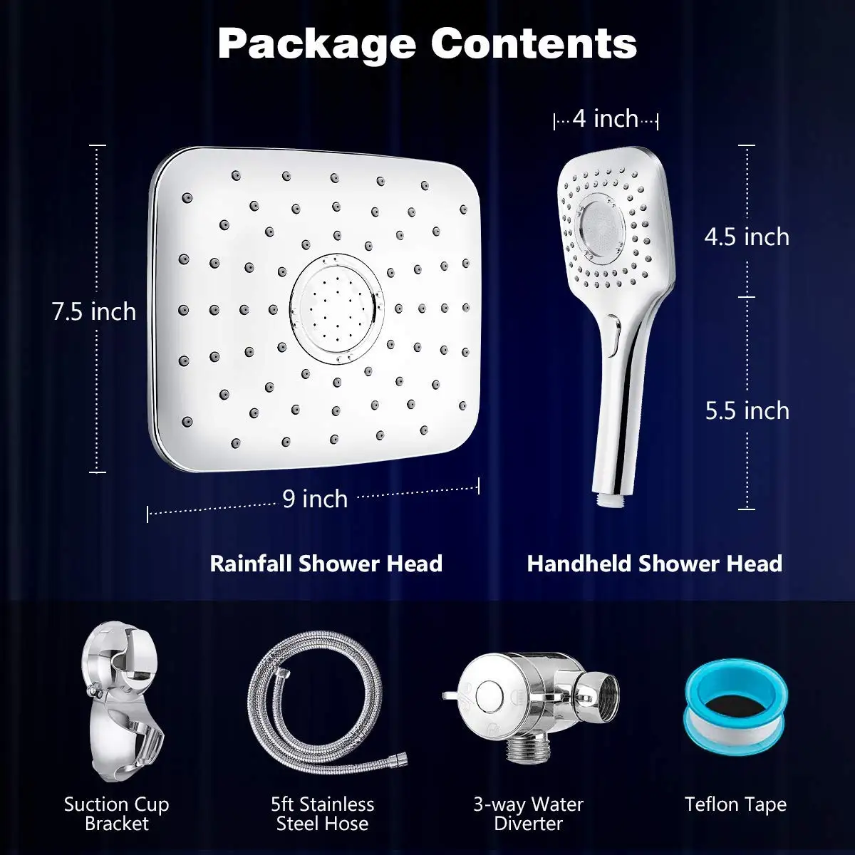 Adjustable High Pressure Rainfall Showerhead Combo with Strong Suction Cup Holder