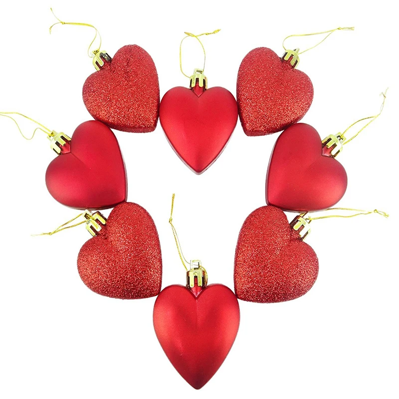 Christmas Decorations 9 Pack 40mm Multi Finish Heart baubles Red