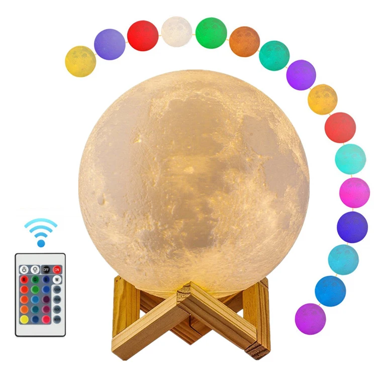 Moon Lamp Kids Night Ligh 16 Colors LED 3D Star Moon Light with Wood Stand Remote & Touch Control USB Rechargeable