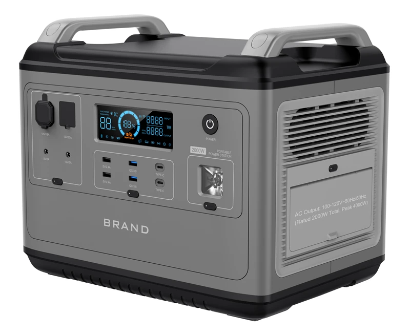 Close-up of LCD display showing real-time solar input, battery level, and AC output on a 2000W power station