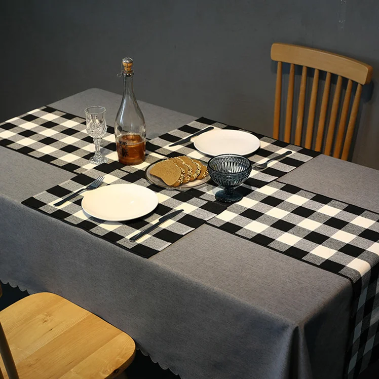 linen blend buffalo check plaid black and white table runner for