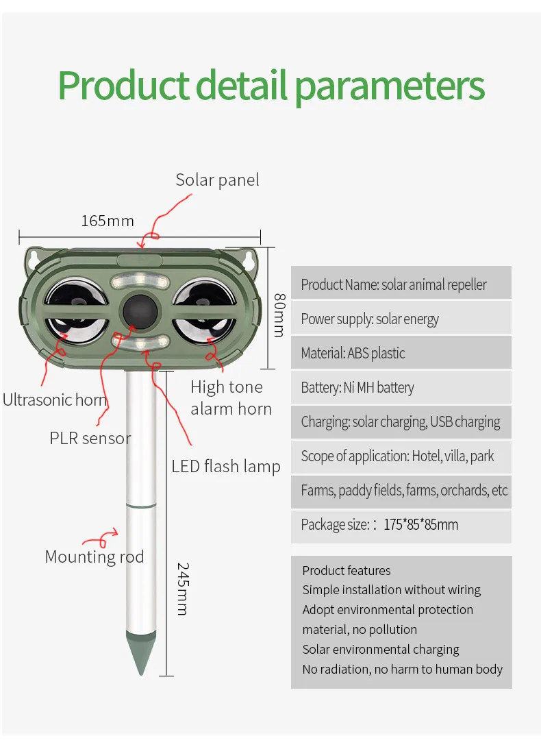 SAIJZEK OEM New Design Outdoor IP66 Solar Powered Animal Repellent Ultrasonic Deer Bat Cat Mouse Monkey Bird Repeller details