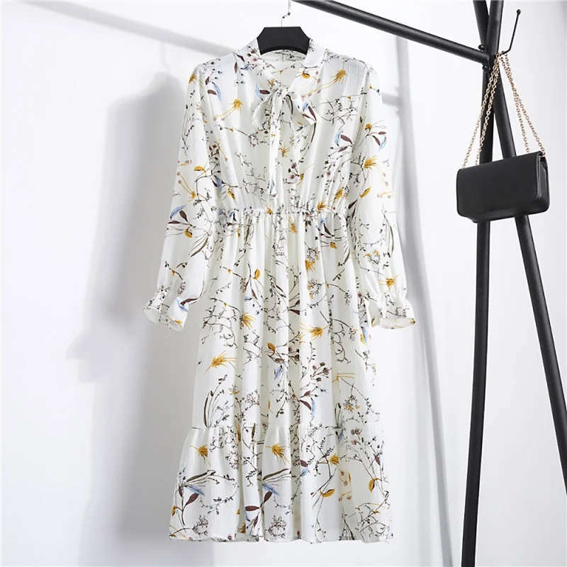 2021 vintage Floral Printing Chiffon Dress Summer Women Long Sleeved Dress Retro Collar Casual Slim Dresses