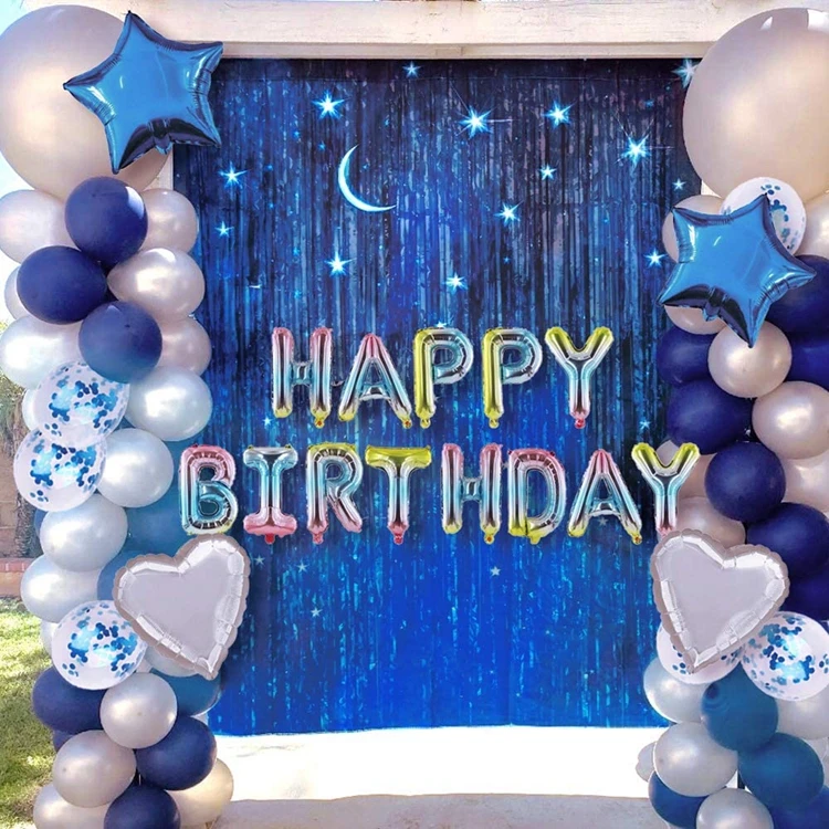 Aekopwera Blue Silver Birthday Party Decorations Set with Silver Happy birthday Balloon Banner Blue Tinsel Curtains for Boy Birthday Party Supplies