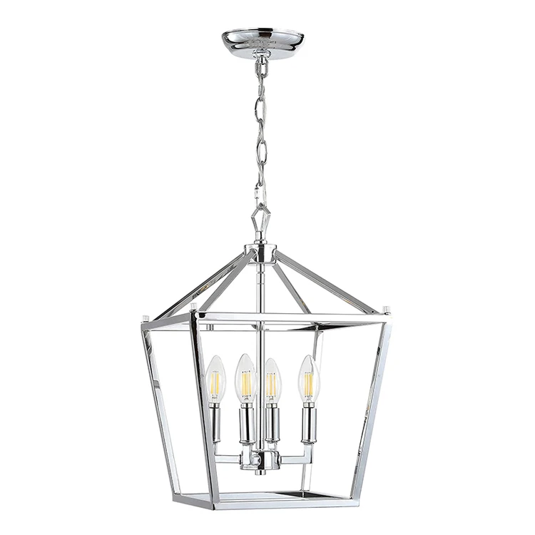 4 Bulb Lantern Lamp Chrome Metal Classic Traditional Pendant Lighting for Kitchen Living Room