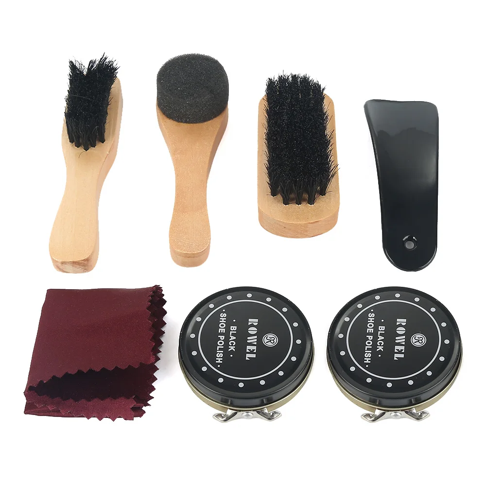 8 Pcs/set Pro Shoes Care Kit Shoe Shine Box Bamboo Wooden Cleaning Set Brush Shine Polishing