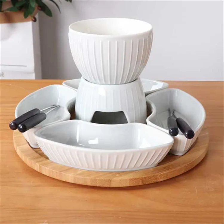 Wholesale restaurant hotel used porcelain coffee cheese fondue set with wooden stand.jpg