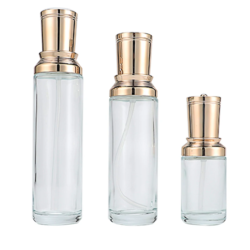 Luxury Cosmetic glass bottle set -- skincare container manufacturer--electroplating aluminum with pump&spray&engrave cap details