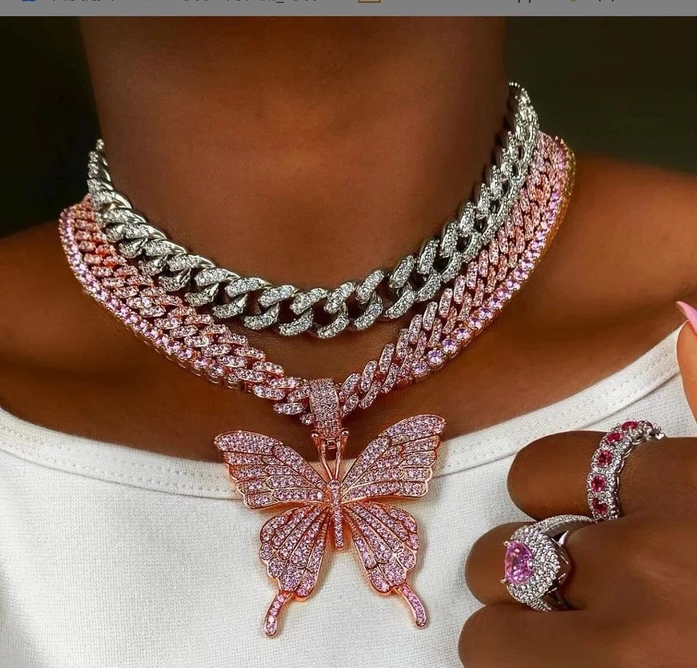 打入冷宫玫瑰金粉红可爱的豪华蝴蝶锆石水晶粉红蝴蝶魅力项链吊坠配