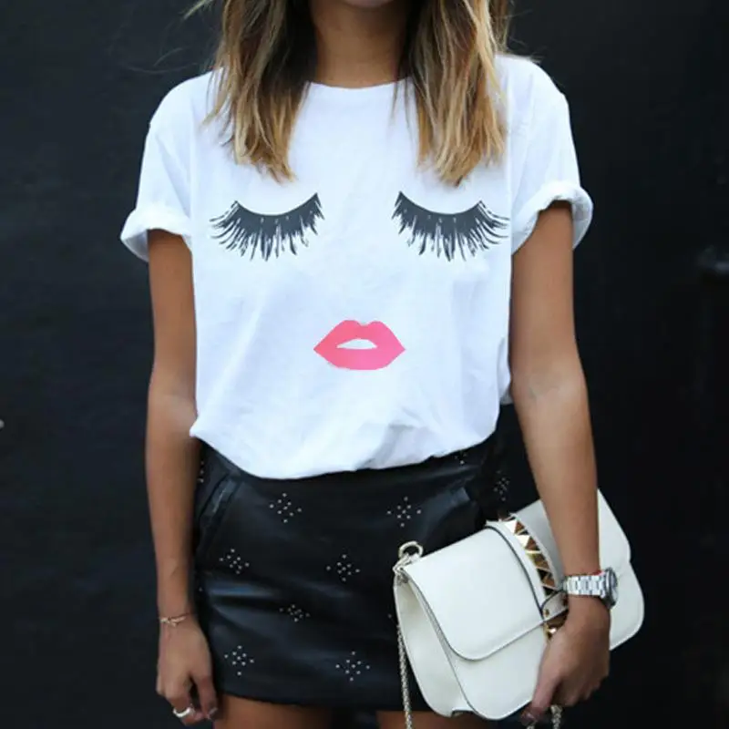 T-shirt-women-2019-new-arrival-women-s-clothing-printing-short-sleeve-T-shirt-eyelash-red