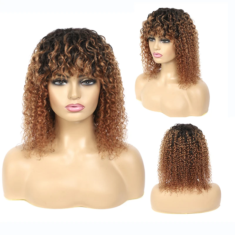 
Ombre Brown Kinky Curly Indian Human Hair Wigs with Bangs Short Bob Lace Frontal Wig Real Fur Remy No Tangle No Shed for Women 