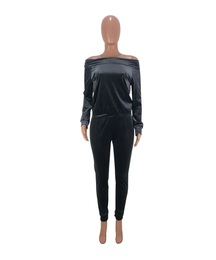 SAZH5055 off the shoulder hoodies and long trousers ladies two piece set women western velvet pant suit