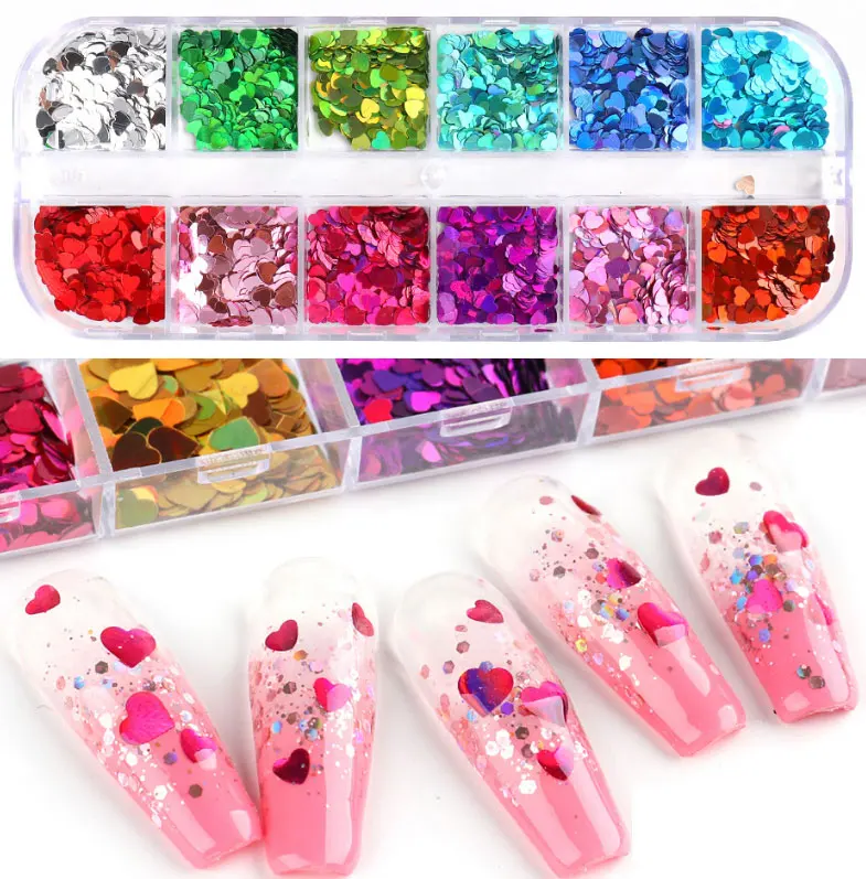 

12 Set Sequins Holographic Glitter Flakes Stickers For Nails Design Heart Shapes Nail Art Glitter, Colorful