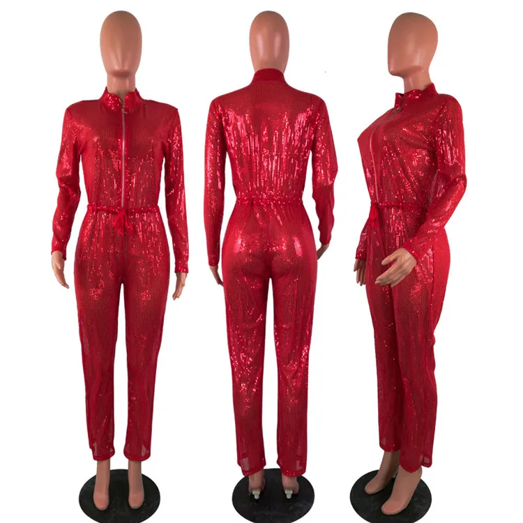C3674 hot sale stand collar long sleeves rompers women fitness jumpsuit bandage shiny sexy jumpsuit 2019