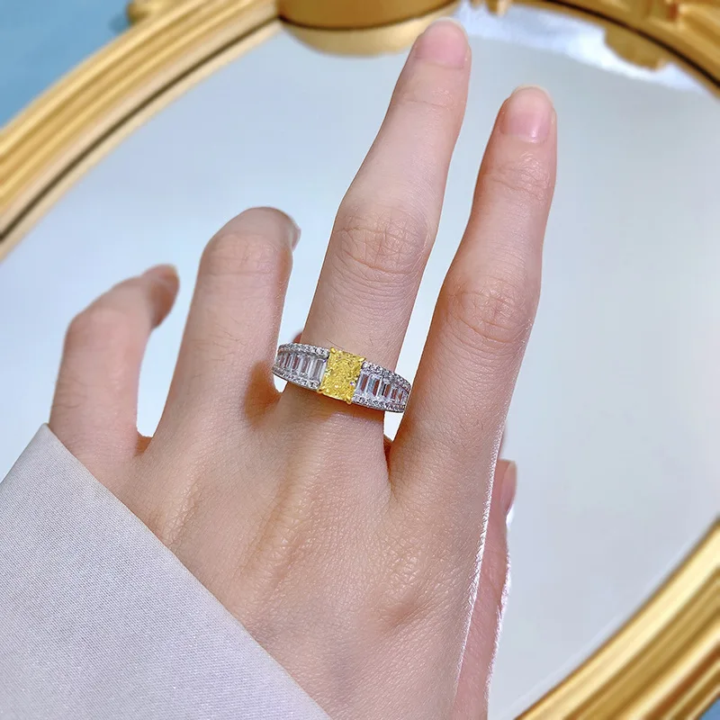 2025 Collection High Carbon 925 Silver Yellow Diamond Ring Radiant Cut 5*7mm Lab Diamond Style Best Seller Rhodium Plated