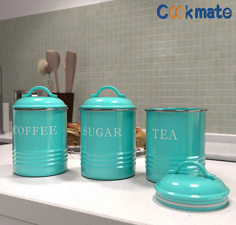 Home Intuition 4-Piece Ceramic Kitchen Canisters Set, Airtight Containers  with Wooden Spoons Reusable Chalk Labels and Marker for Sugar, Coffee, Flour,  Tea (Turquoise) 