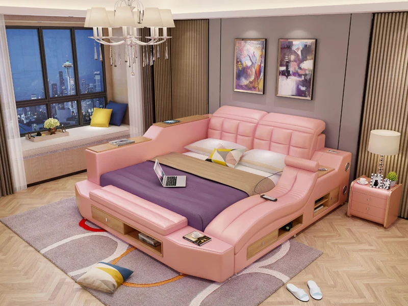 Top Grade Leather Storage Bed Wood Frame King Size Bed Multifunctional