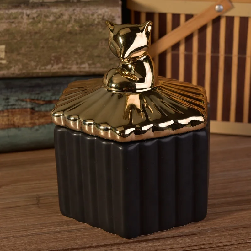 Geo black square ceramic candle jar scented candle container with metal lid home decor