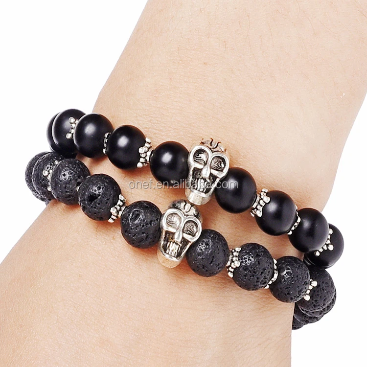 Free Shipping Cheap Fashion Men Natural Gemstone Agate Stone Jewelry Lava Bracelet with Skull Charm.jpg