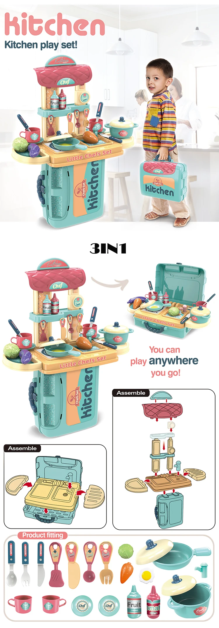 Children cooking role play toys pretend play toy 3 in 1suitcase kitchen toys play set