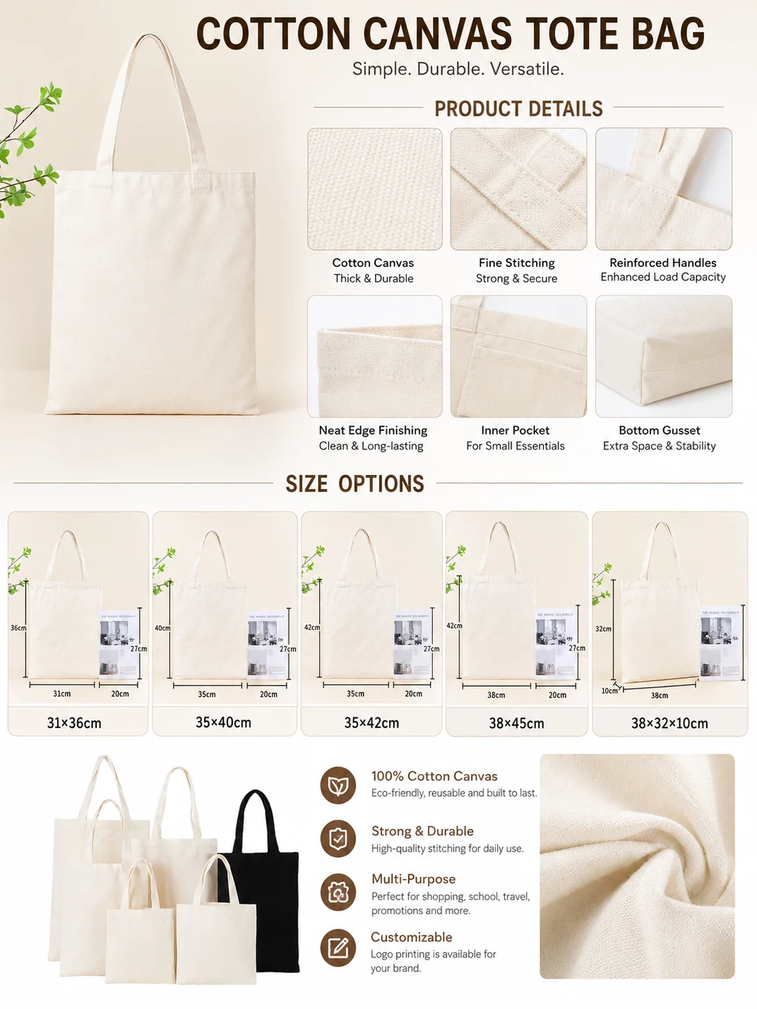 Custom Logo Canvas Tote Bag Multi-Size Reusable Shopping Bag Eco-Friendly Promotional Grocery Bag OEM