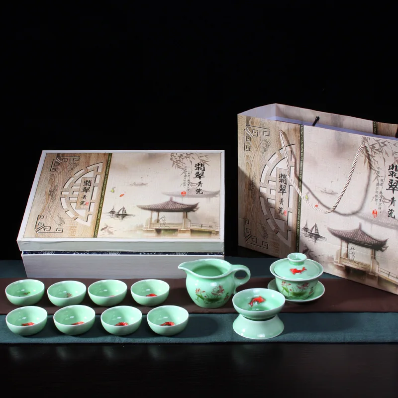 Chinese Tea Cups Porcelain Celadon Fish Teacup Set Loose Leaf Teapot