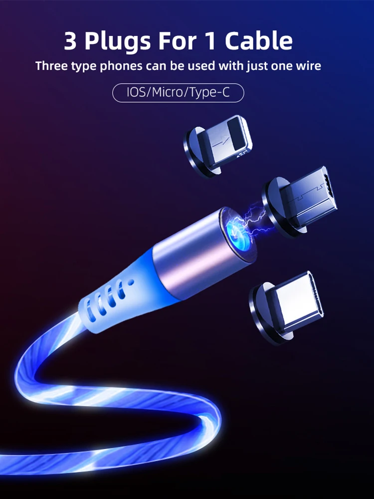1Meter 3.28ft USB LED Light Charging Luminous Data Cable 3 in 1 Magnetic Micro Lighting USB C Light Streamers Magnetic USB Cable - ANKUX.COM