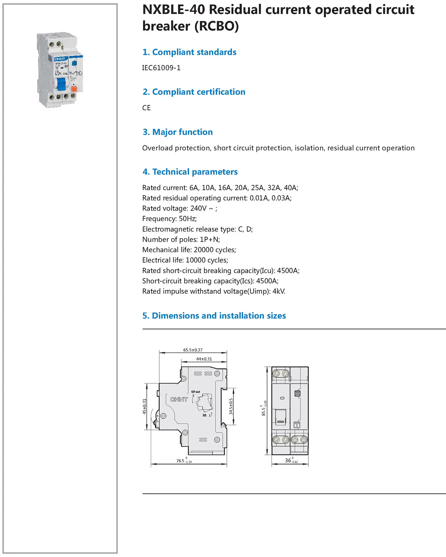 Chint original NXBLE-40 1P+N DPNL RCBO C6 C10 C16 C20 C25 C32 C40 CHNT Residual Current Operated Circuit Breaker