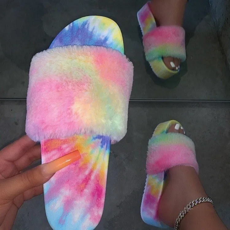 2020 Wholesale Fashion Tie Dye Fur Women Sandals High Quality Sandals For Women And Ladies Custom Slides Sandals With Logo