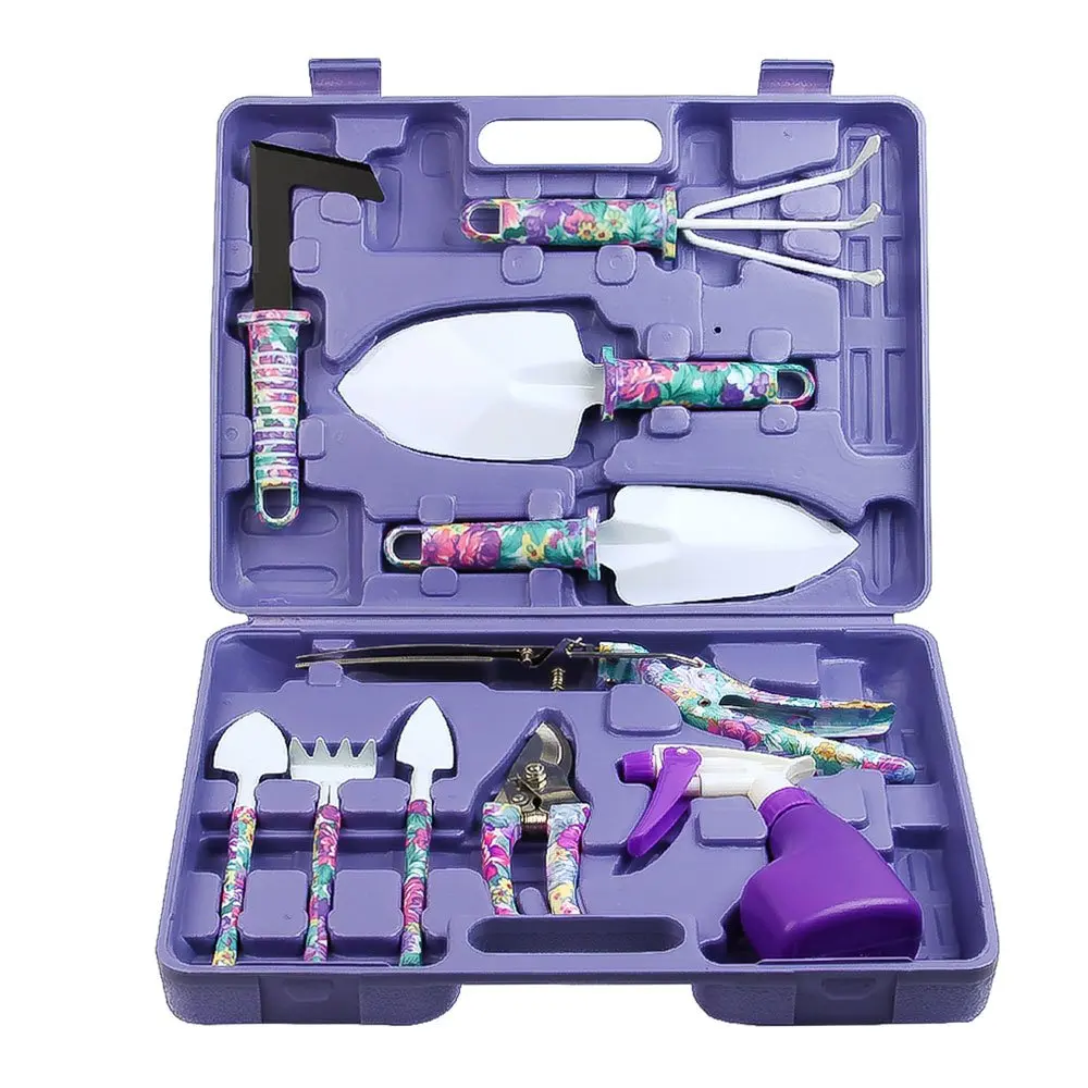 
Purple flower print Women gift ergonomic trowel rake weeder pruner shear sprayer Garden Tool set 