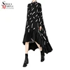 2019 Women Spring Plus Size Black Shirt Dress Geometrical Pattern Ruffle Hem Long Sleeve Loose Lady Party Dresses Clubwear