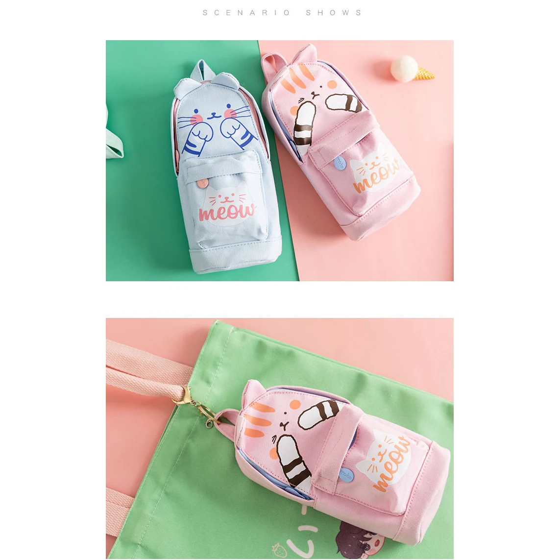 product-GF bags-Cute Lucky Cat and Dinosaur Schoolbag Pencil Bag Cartoon Pen Holder Storage Organize