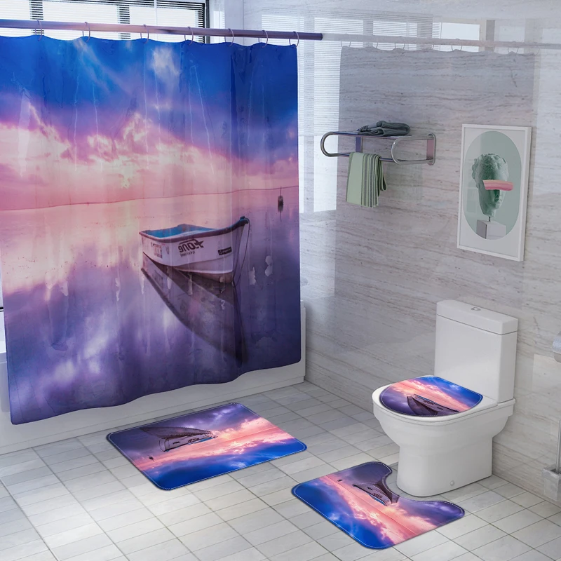 Amazon hot selling waterproof polyester fabric 4 piece bathroom rug mat and shower curtain sets