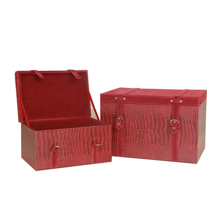 Antique Faux Leather Rectangular Red Storage Trunk Set Buy Antique