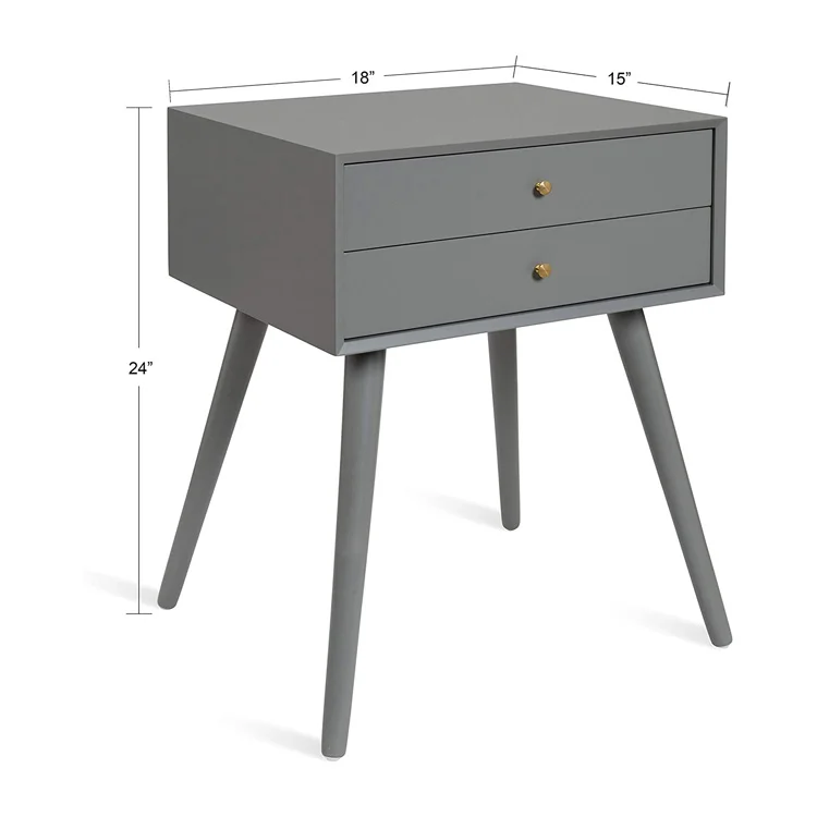 Gray Finish Midcentury Modern Style Side Table with 2 Drawers