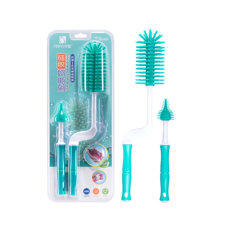 
Factory wholesale bpa free silicone 360 degree rotary baby bottle cleaning brush set 
