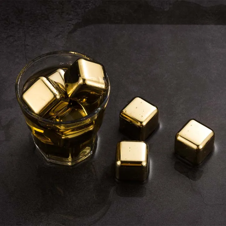 4PCS SET Golden Color Metal Stainless Steel whisky ice stone set Whisky stone