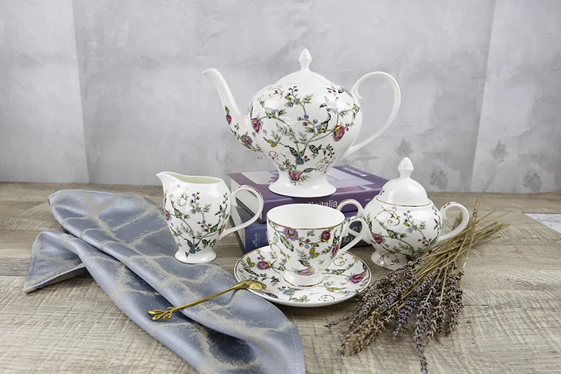New Bone China Tea Sets 15 PCS 6 OZ Floral Pattern Coffee Cup and Saucer for 6 with Teapot Creamer Sugar Jug for Family Gathering/Catering Use 