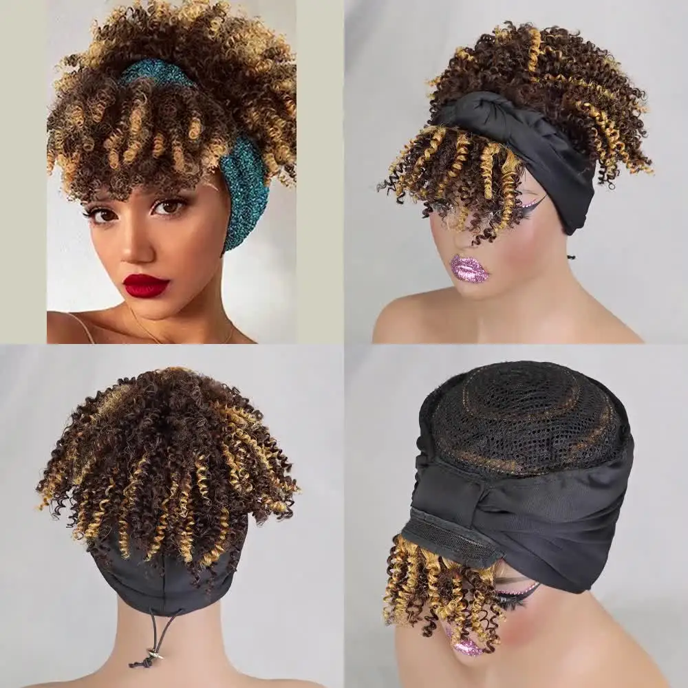 New Afro Kinky Curly Bob Wig With Bangs, Machine Made Wear and Go